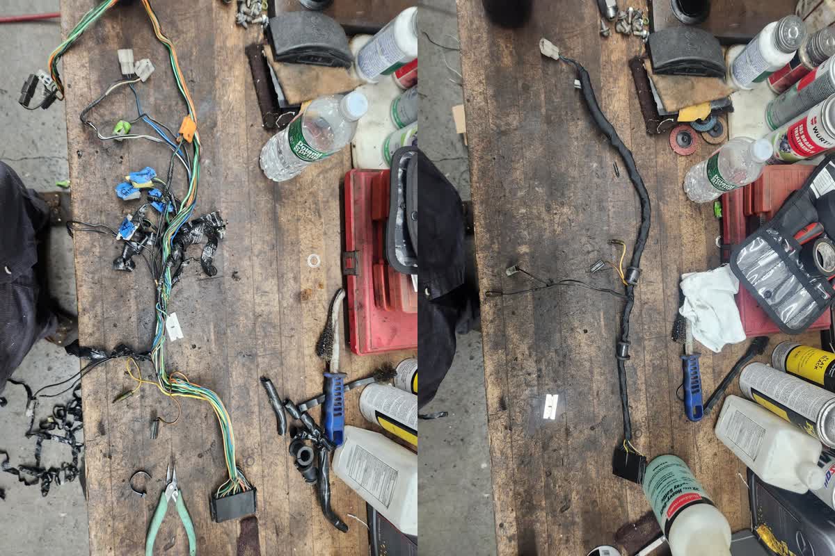 Wiring harness repair before and after at Akin Automotive